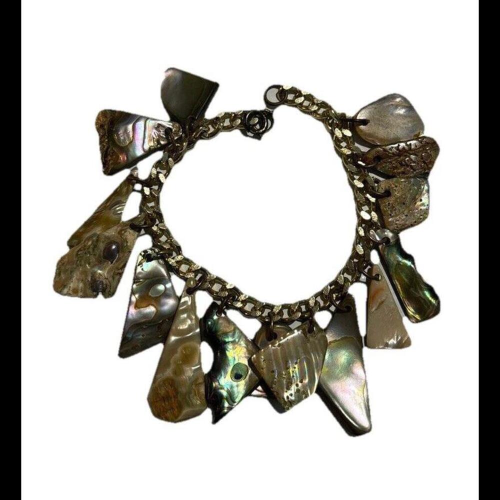Abalone Shell Dangle Bracelet 7” Silver Tone